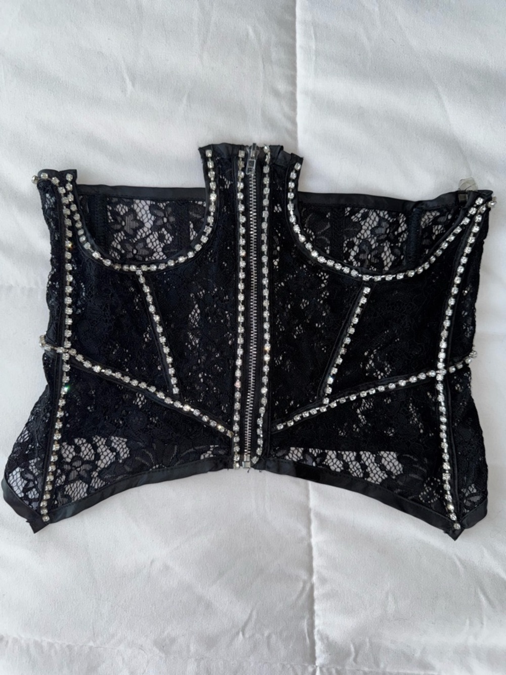 Fashion Nova Black Lace Corset Bodysuit with Rhinestone Trim